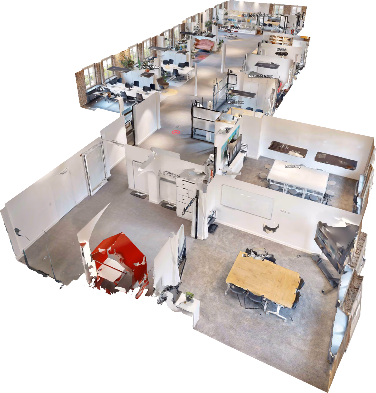 3D-Rundgang von StartMiUp Minden als Modell: alle Räume schräg von oben